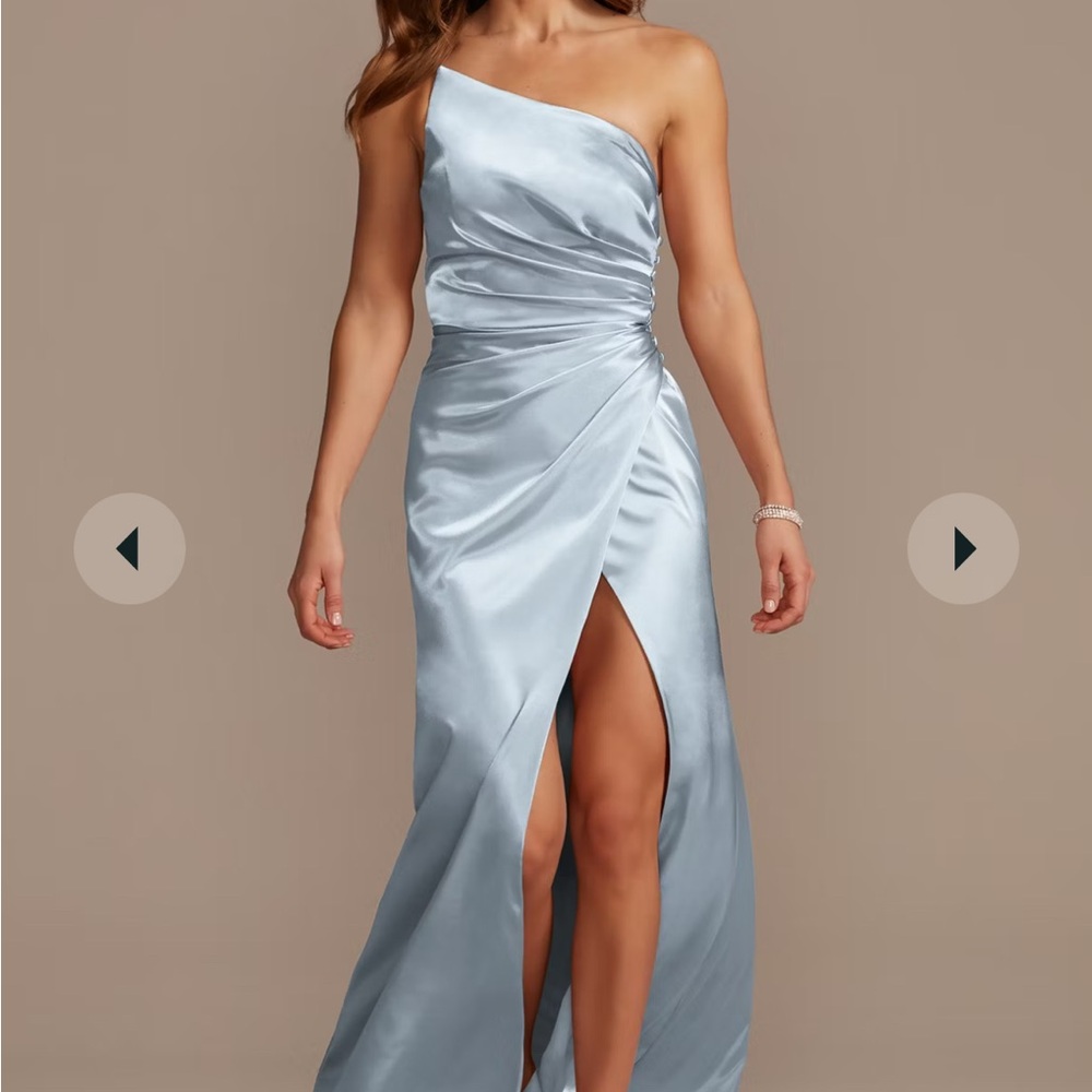 Galina Signature Charmeuse Draped One-Shoulder Dress in Dusty Blue